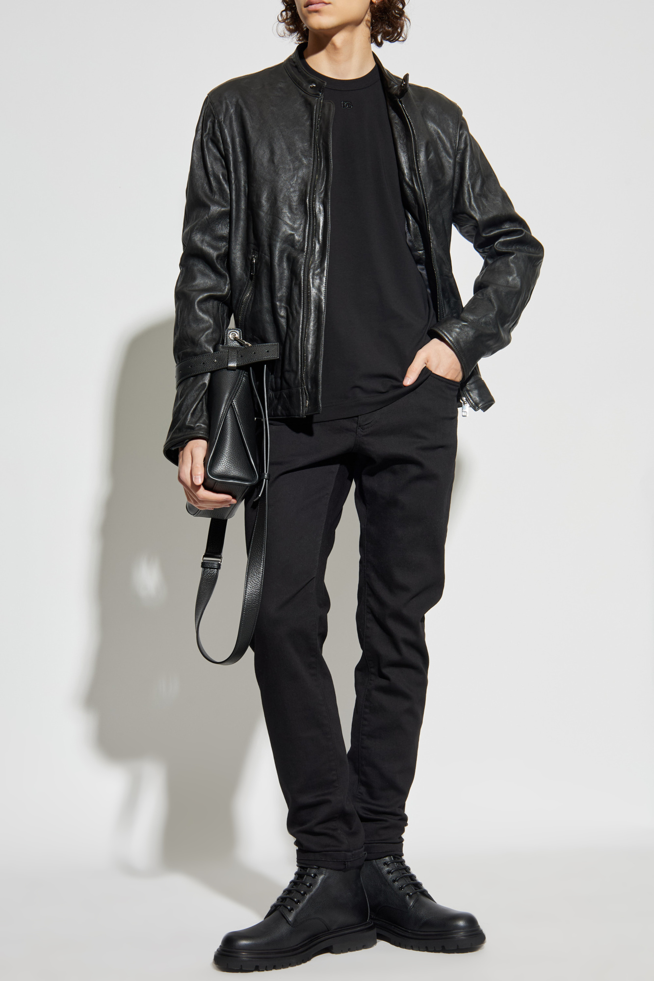 Black Leather jacket with stand-up collar Dolce & Gabbana